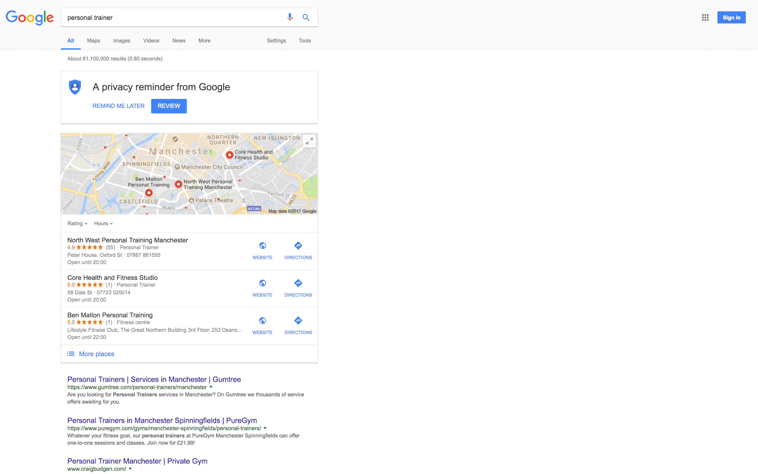 A Google Maps "3 pack" of local results