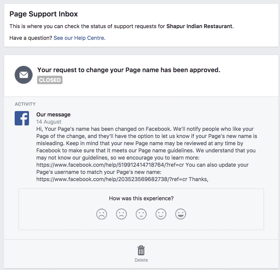 The resolution centre was used to appeal the page name change