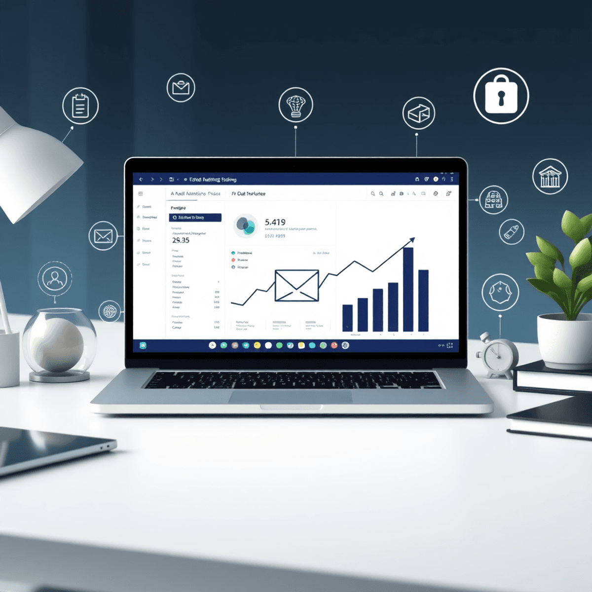 A modern workspace with a laptop showing an email marketing dashboard with AI, data analytics, privacy, and sustainability icons.