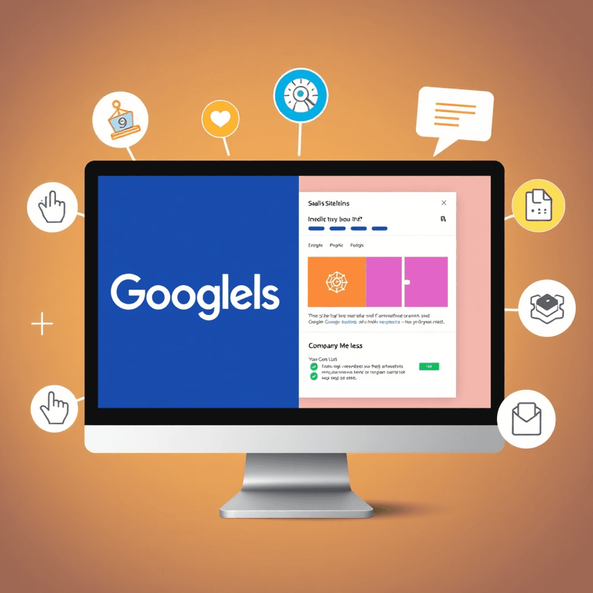 Computer screen displaying Google Ads interface with ad extensions and icons for clicks and engagement in a realistic digital marketing concept.