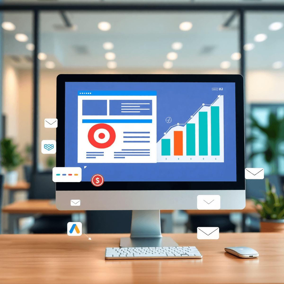 Computer screen displaying targeted ads, rising conversion charts, and icons for SEO, Google Ads, and email campaigns in a modern office setting.