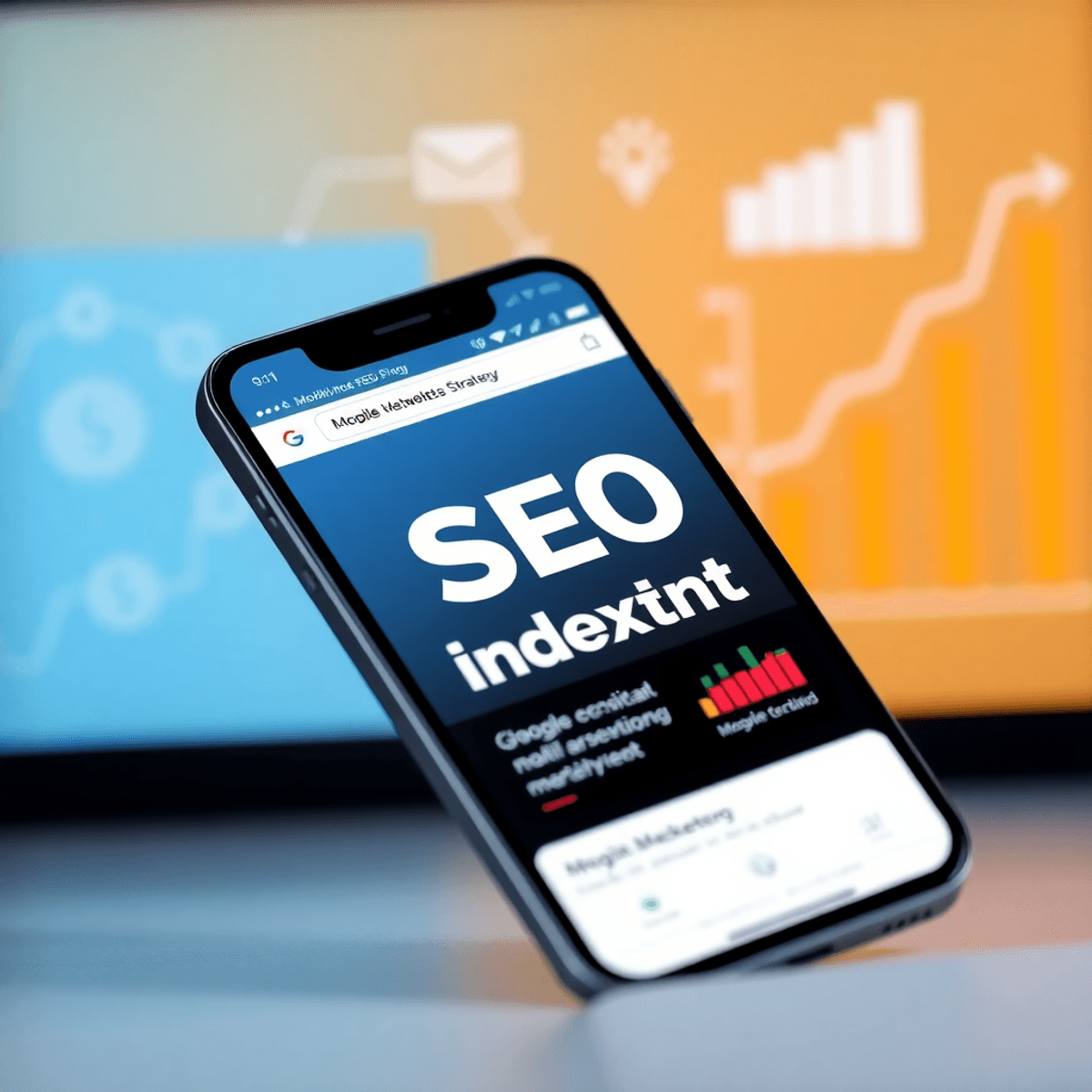 Smartphone showing a mobile-optimized website with SEO icons and graphs, representing mobile-first indexing and digital marketing strategy.