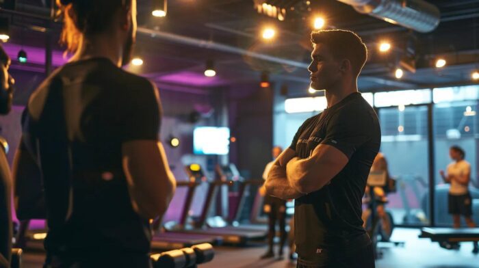 a dynamic training session unfolds in a modern gym, where enthusiastic staff engage in role-playing exercises, embodying a customer-first mentality under bright, motivational lighting that enhances the atmosphere of growth and communication.